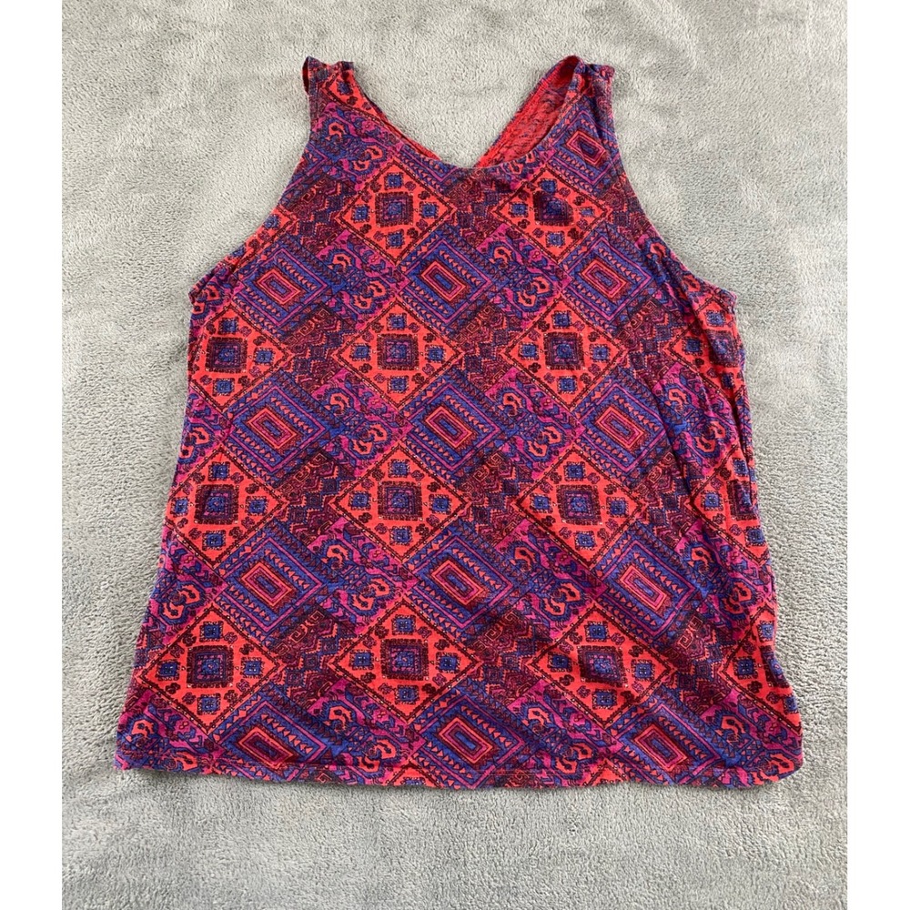Lucky‎ Lotus Womens Red Purple Geometric Print Crossover Tulip Back Tank Top L
